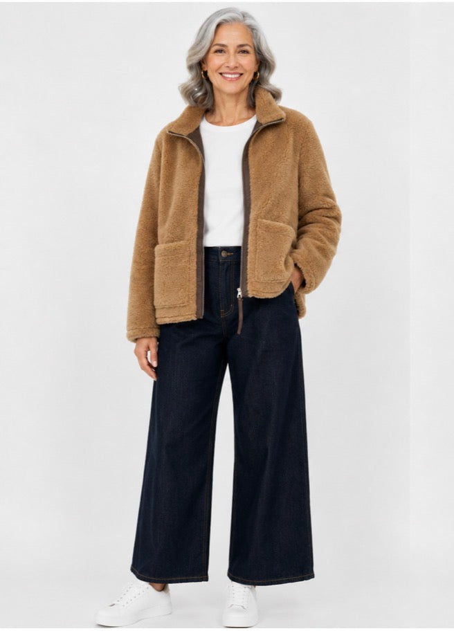 Zip front Aspen Teddy funnel neck jacket | Camel