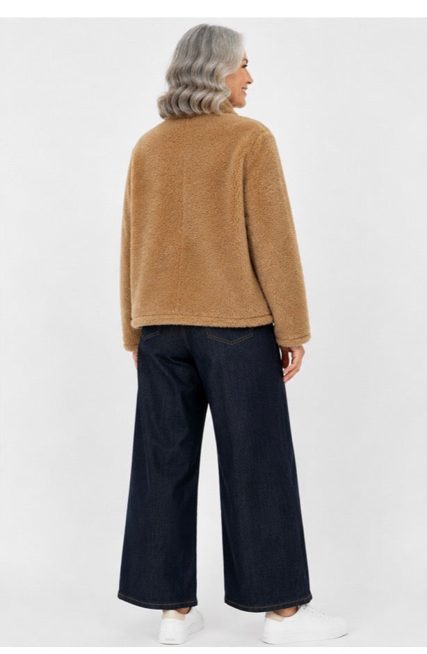 Zip front Aspen Teddy funnel neck jacket | Camel