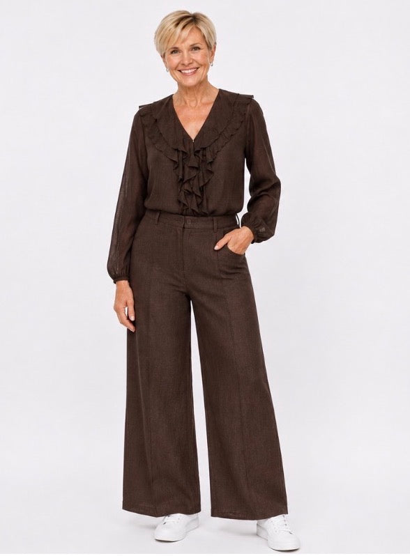 Cocoa Ruffle Linen Blouse