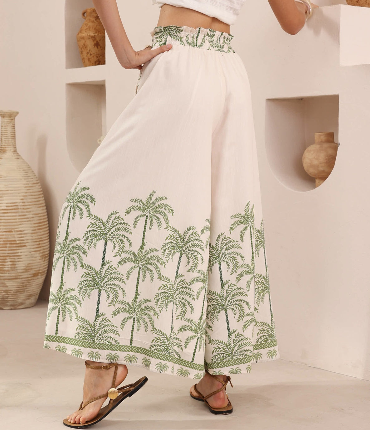 Green & White Palm Print Pant