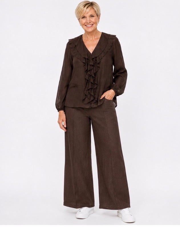 Cocoa Ruffle Linen Blouse