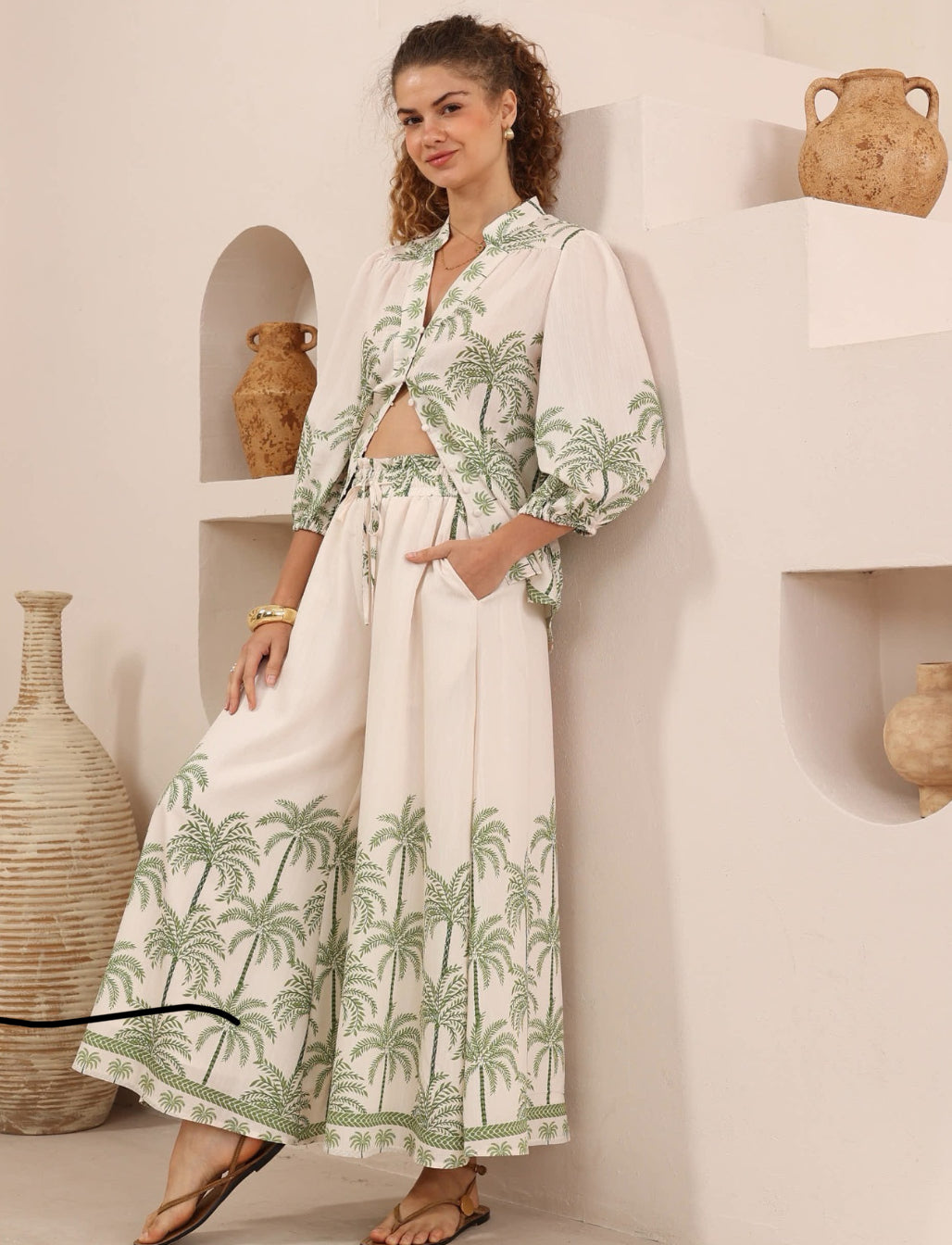 Green & White Palm Print Pant