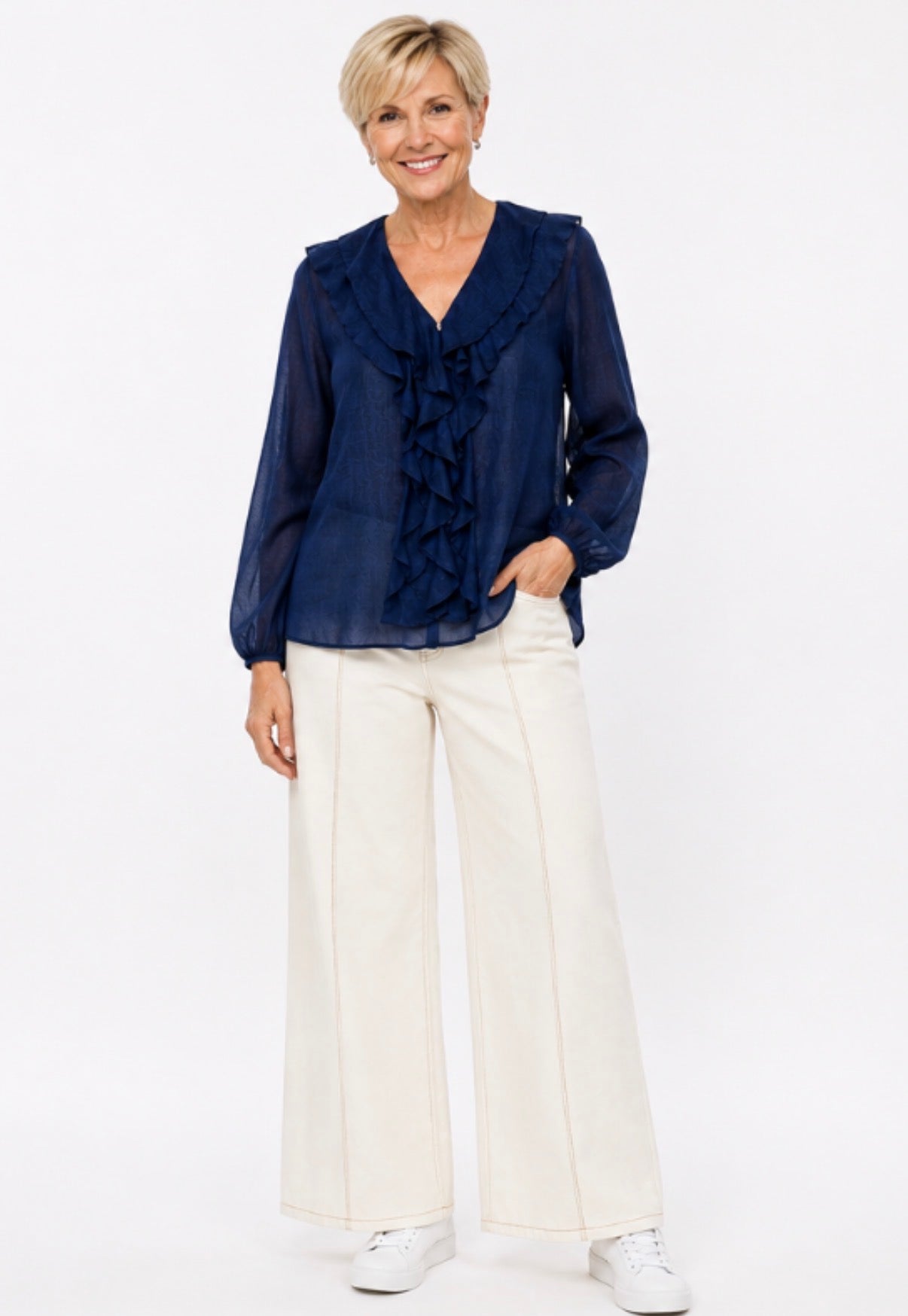 Cocoa Ruffle Linen Blouse Navy