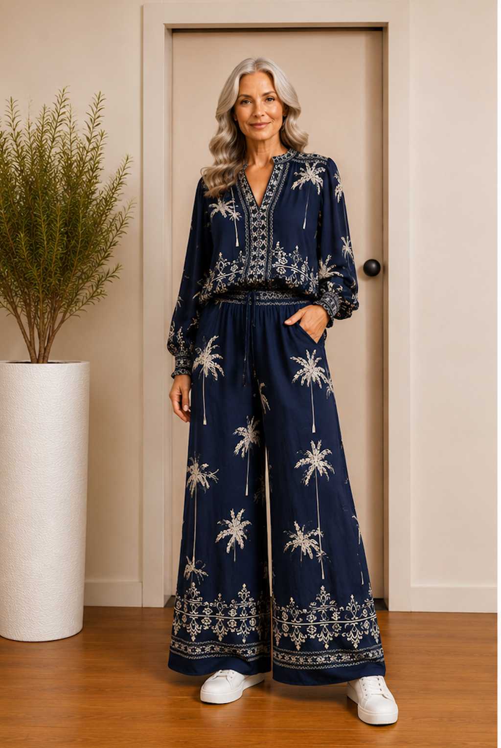 Navy Palm Print Top