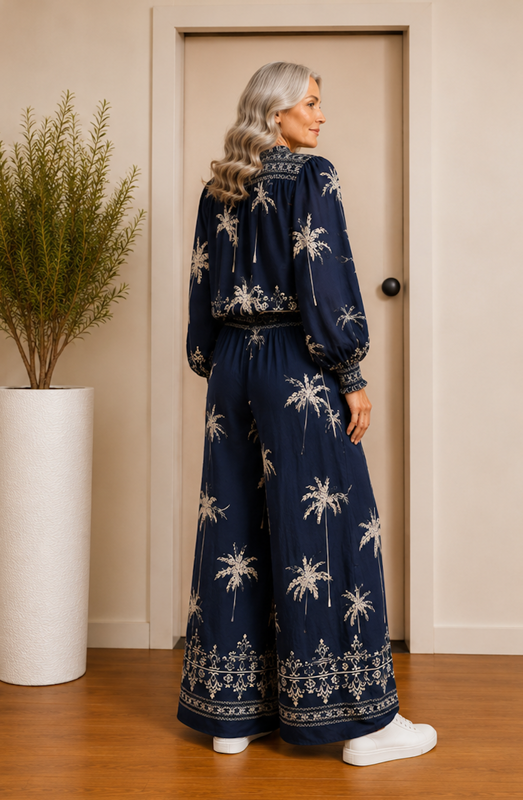 Navy Palm Print Top
