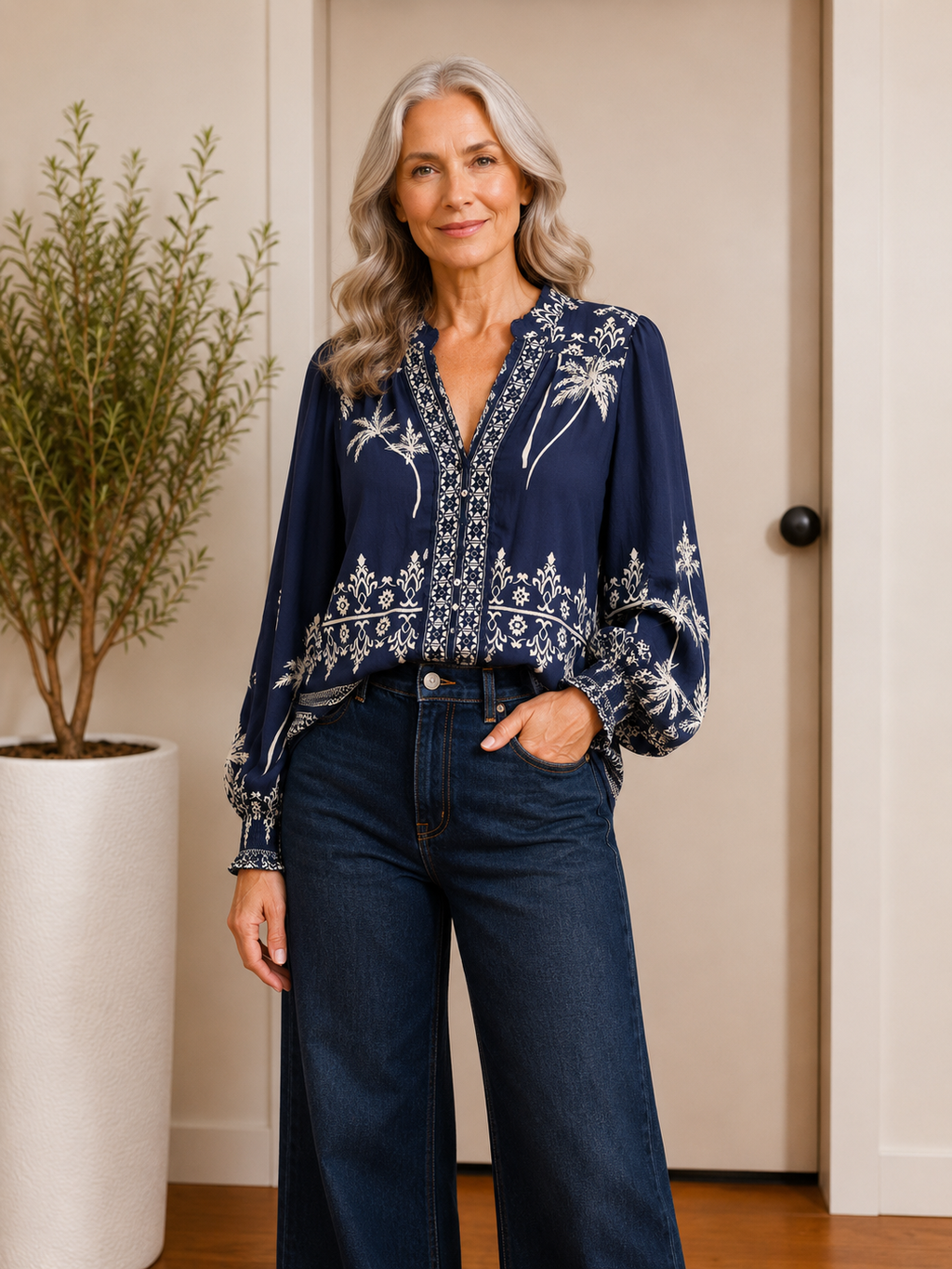 Navy Palm Print Top