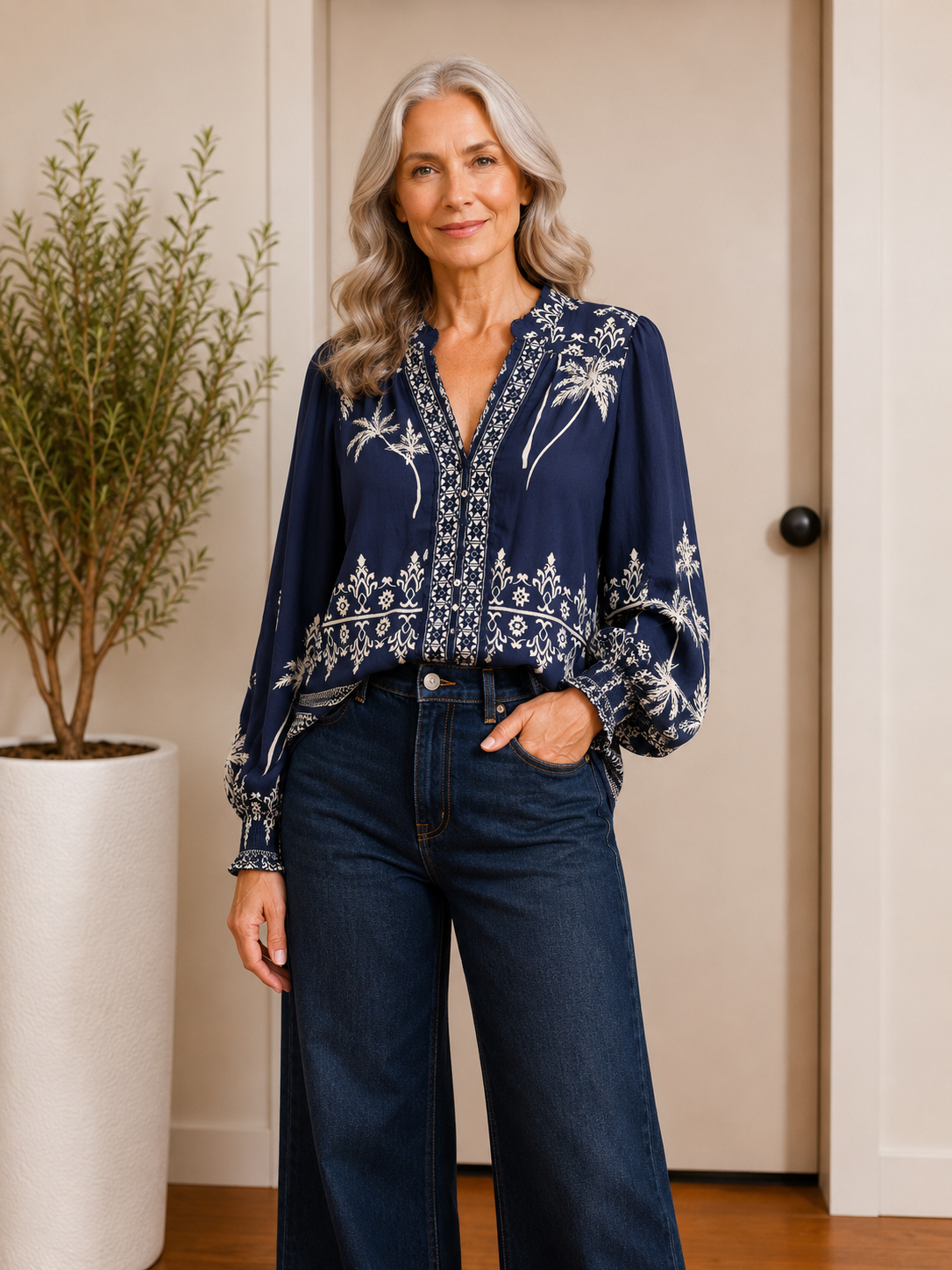 Navy Palm Print Top